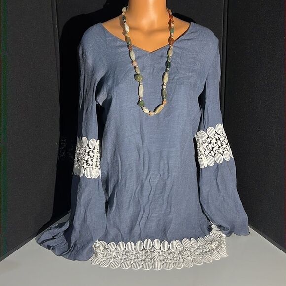 Union of Angels Blue Boho Dress / Long Top with White Trim Size Small - Picture 3 of 13